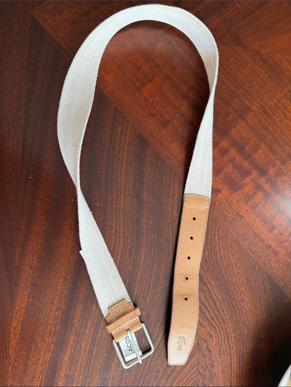 Lacoste women’s Beige Canvas Belt with Tan Leather Trim size 85 cm